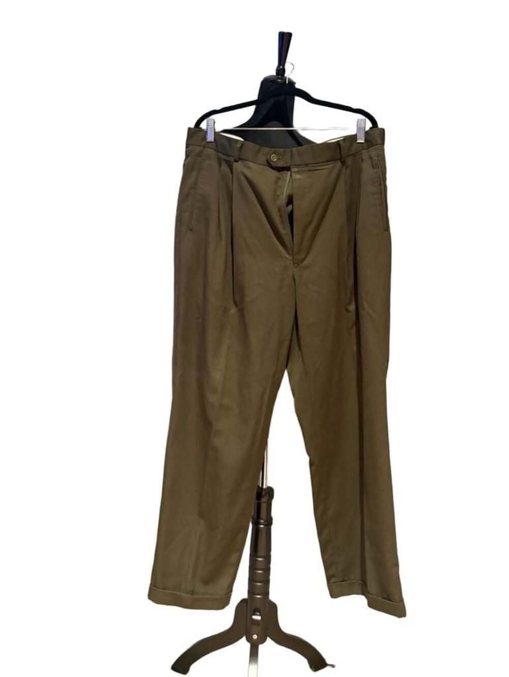 Mens Olive Green Pleated Cuffed Dress Pants Size 38x30